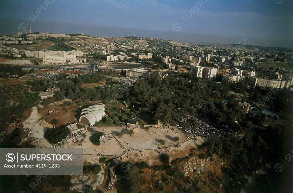 Aerial photograph of a memorial service at the Ammunition hill in Jerusalem