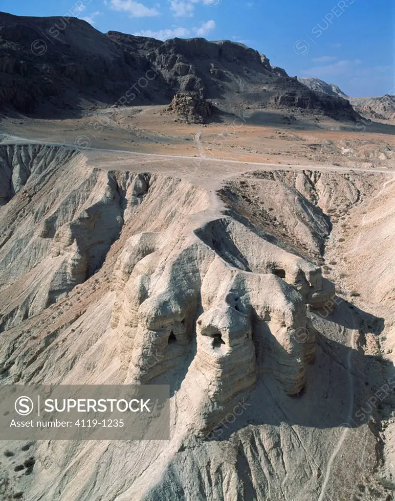 Aerial photograph of the caves of Qumran in the Judea desert near the Dead sea