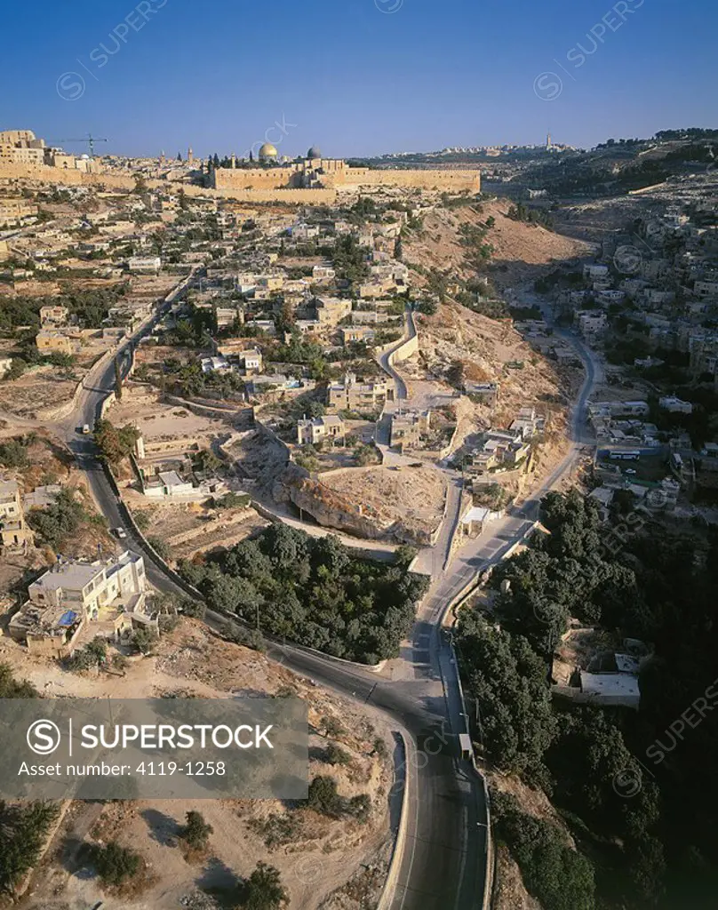 Aerial view of the city of David from the south with the Siloam pool in the foreground