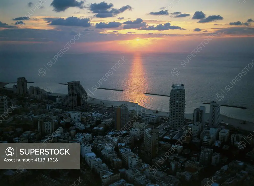 Aerial view of Tel Aviv´s coastline at dusk