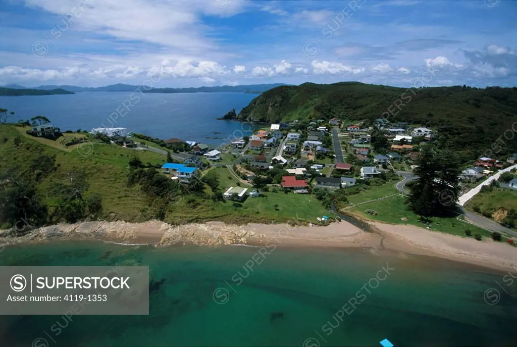 Aerial photograph of a small village in New Zealand