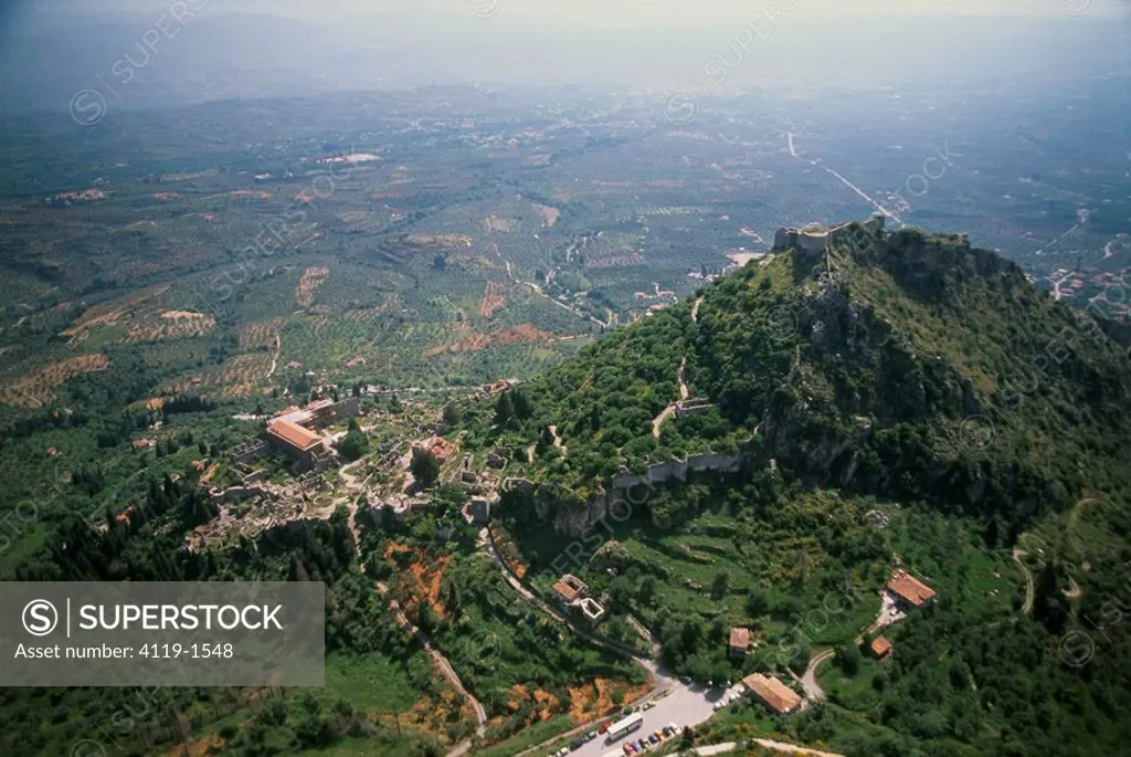Aerial photograph of the Greek village of Mystras on the slopes of mount Taygetus