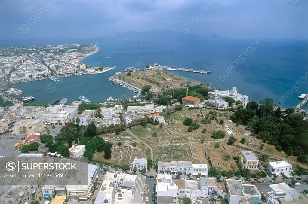 Aerial photograph of an old castle on the Greek island of Kos