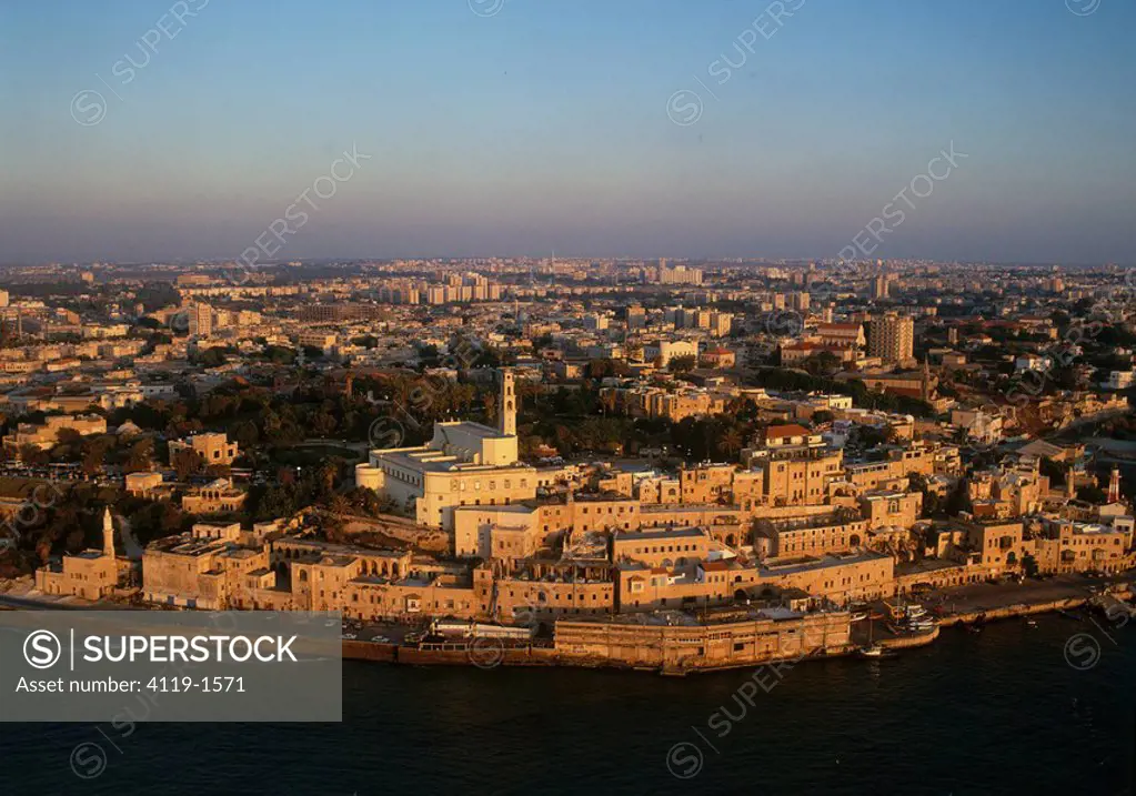 Aerial photograph of the old city of Jaffa at sunset