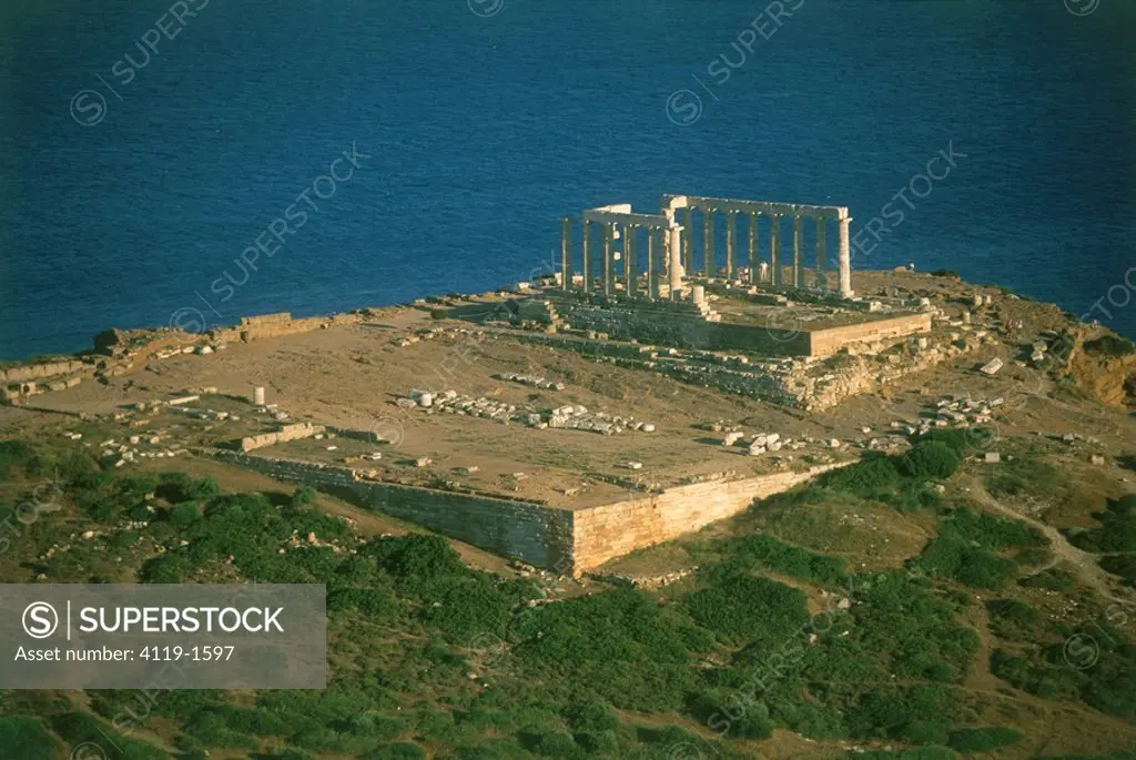 Aerial photograph of the Temple of Pusidon on Cape Sounion