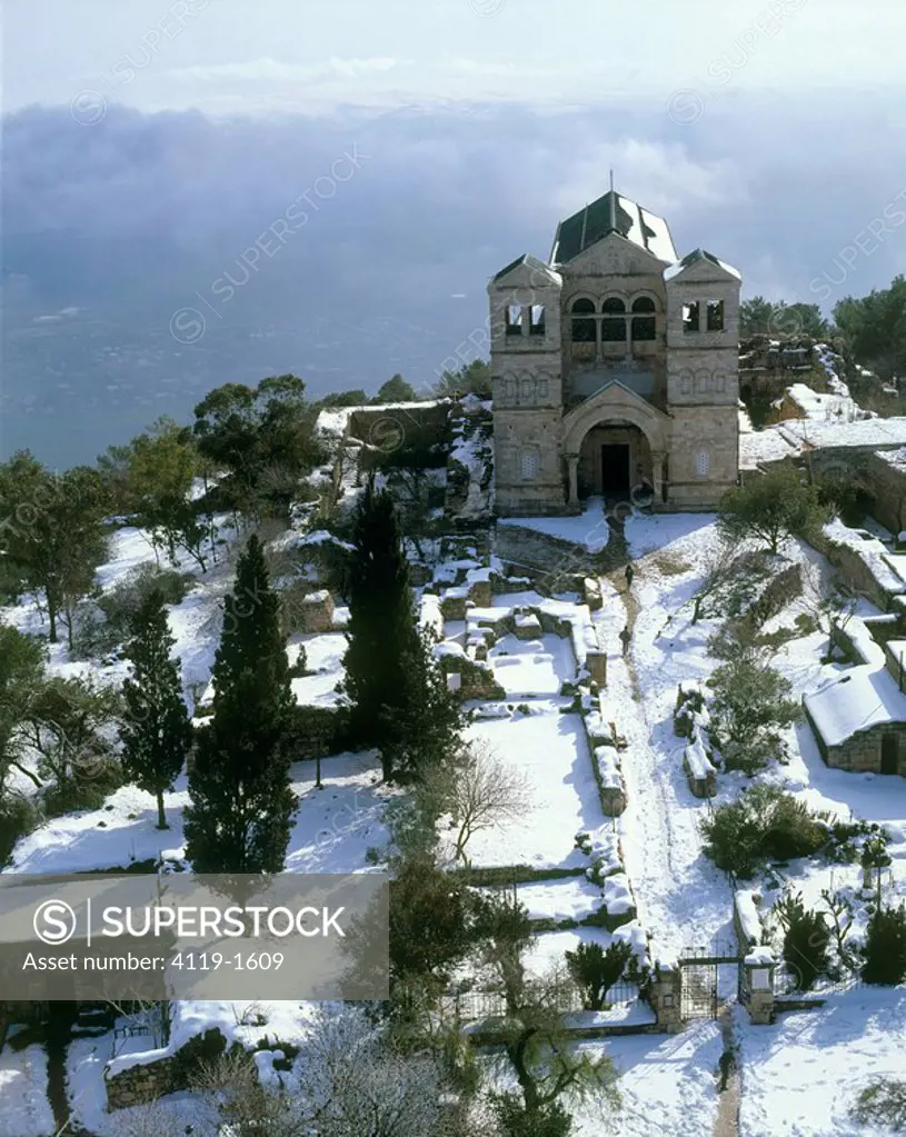 Aerial photograph of the Transfiguration church on mount Tavor in the Lower Galilee at winter
