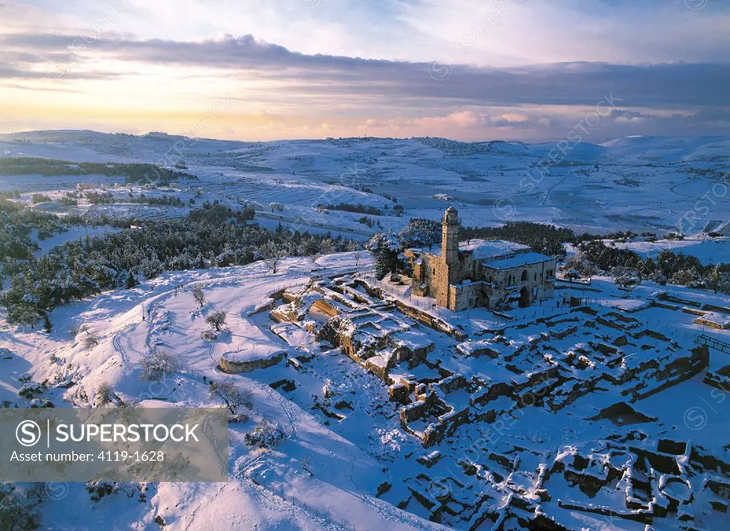 Aerial photograph of the mosque of Nabi Samwil at Judea after a snow storm