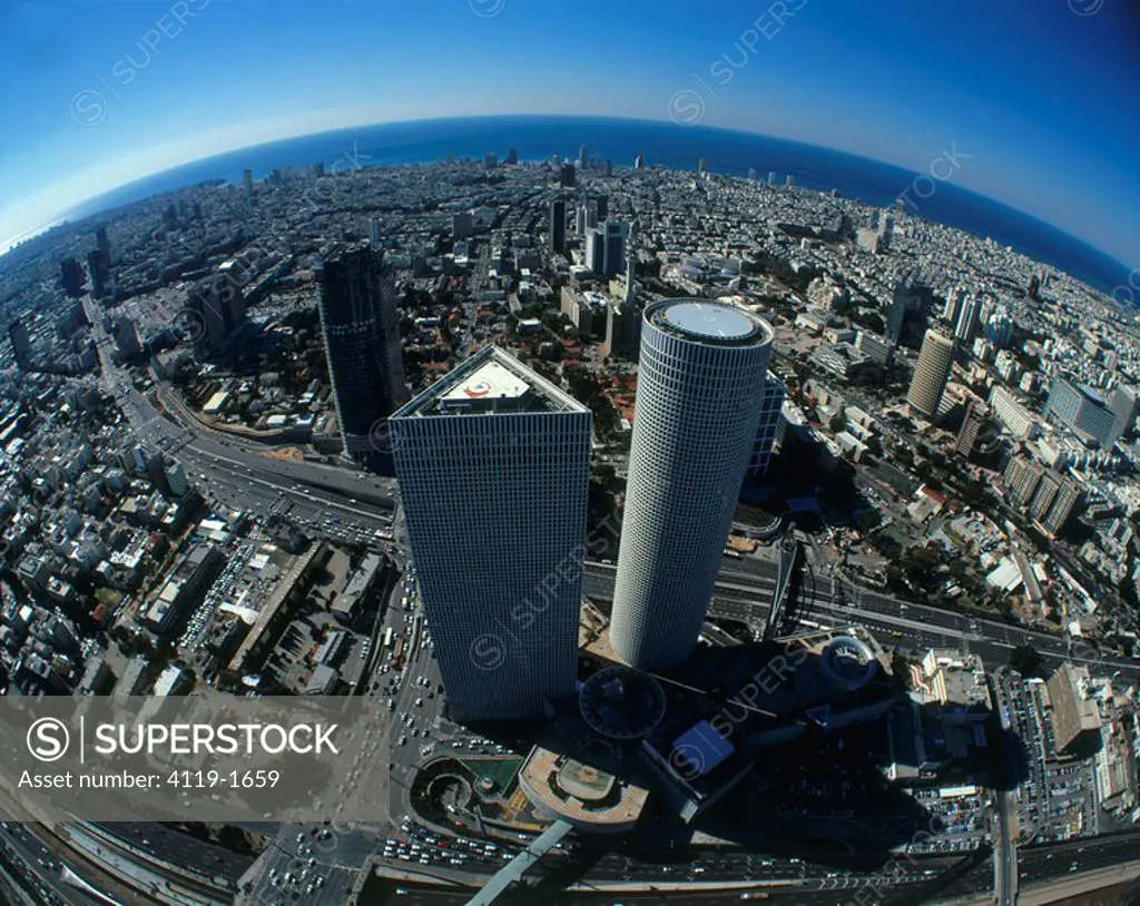 Aerial view of the Azrieli towers with a wide lens