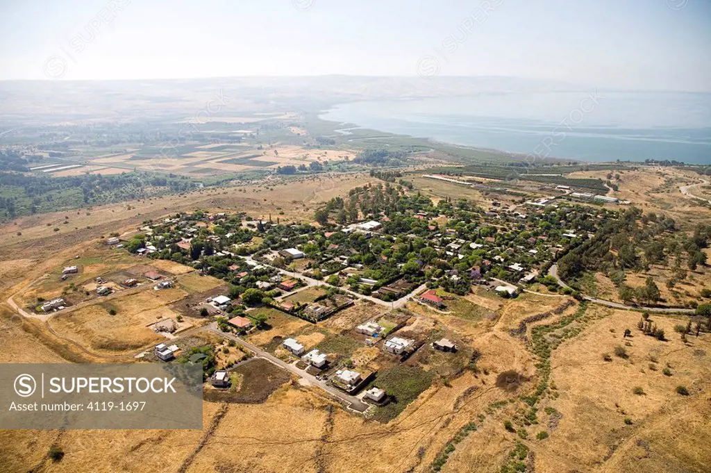 Aerial photograph of the village of Almagor in the Sea of Galilee