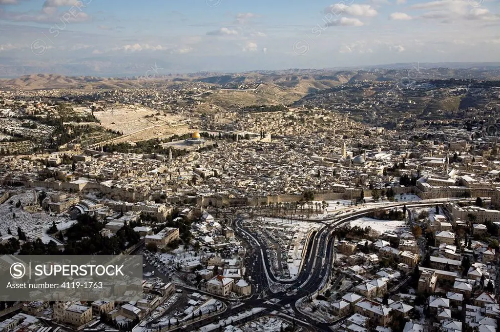 Aerial photograph of the old city of Jerusalem after snow storm