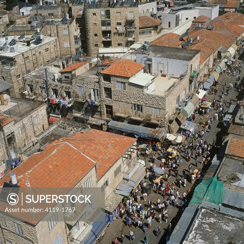 Aerial photograph of Mahaneh Yehuda market in modern Jerusalem