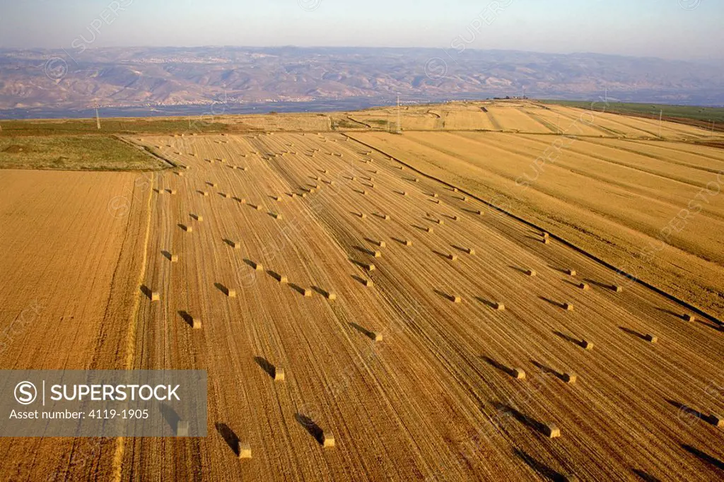 Aerial photograph of cubes of hay in Issachar Heights at sunset