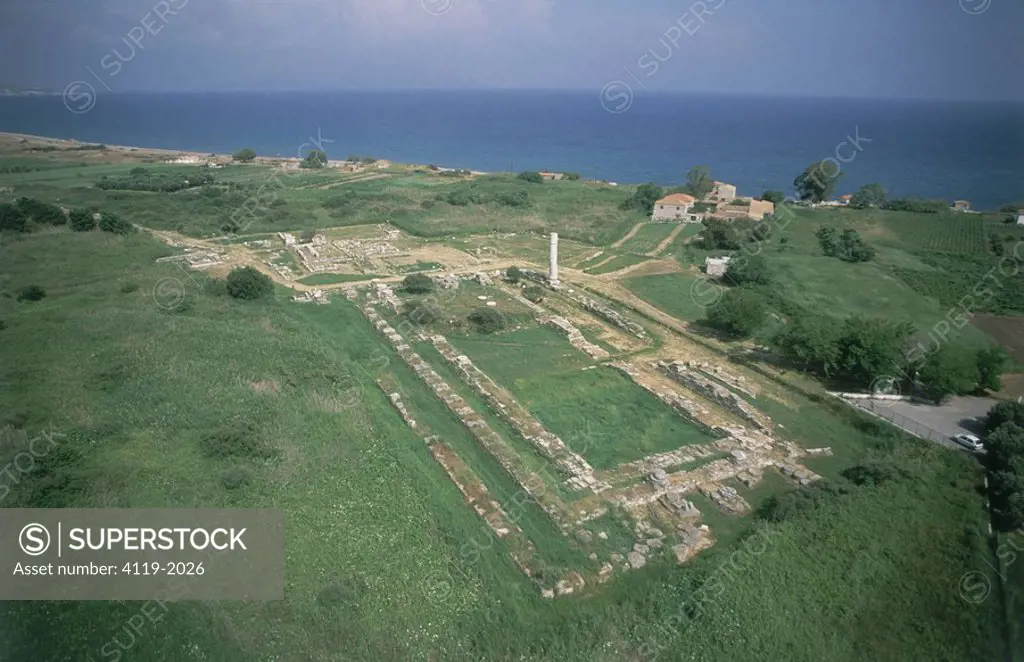 Aerial photograph of the ruins of an Heraion on the Greek island of Samos