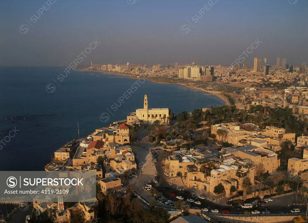 Aerial imageof the old city of Jaffa at sunset