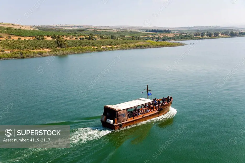 Aerial photograph of the Jesus boat sailing in the Sea of Galilee