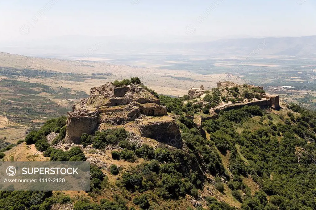 Aerial photograph of the ruins of the fortress of Nimrod in the Northern Golan Heights