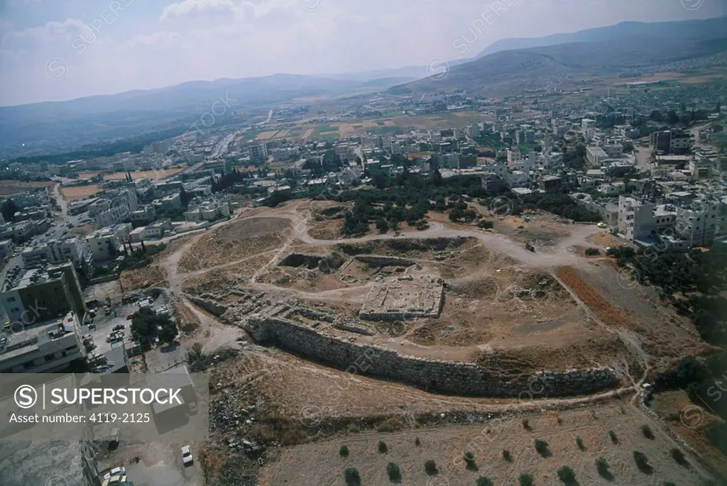 Aerial photo of the ruins of the Roman city of Flavia Neapolis in the modern city of Nablus