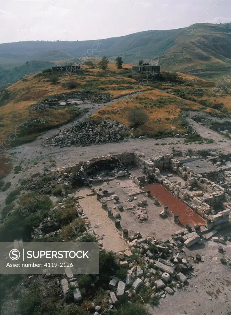 Aerial photograph of the ruins of the ancient city of Sussita in the southern Golan heights