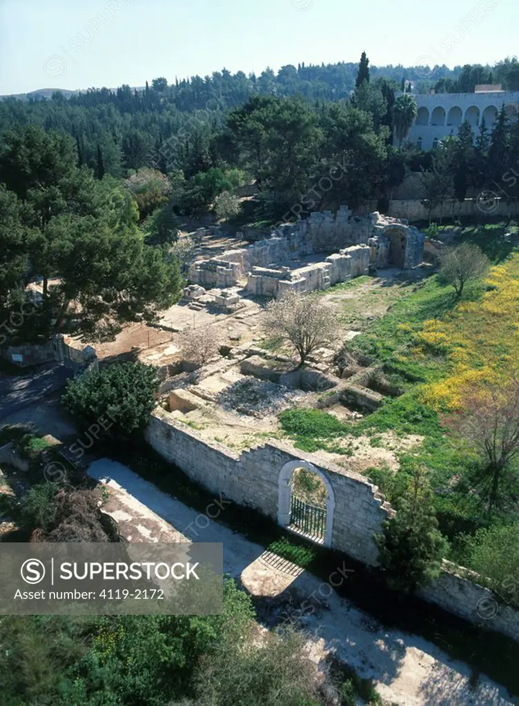 Aerial photograph of the ruins of the church and monastery at Emmaus near Latrun