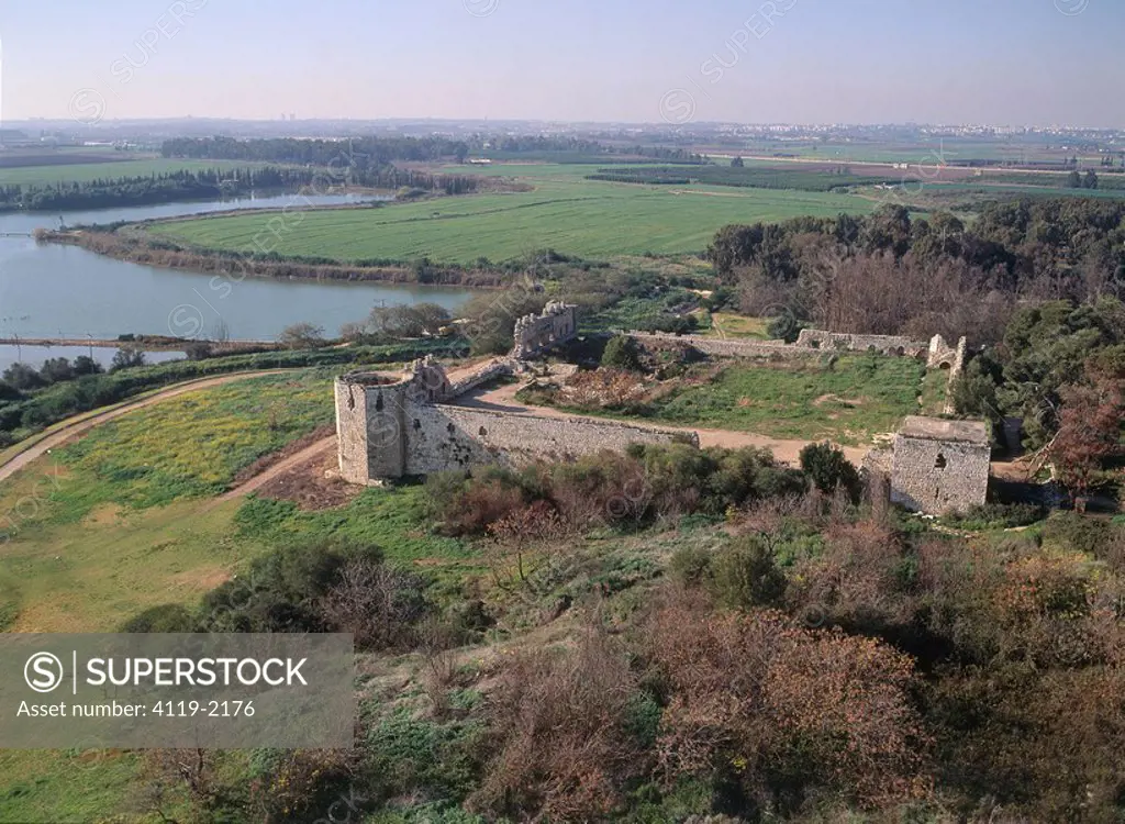 Aerial view of the ruins of the Antipatris Fortress near the modern city of Rosh Ha´ayin