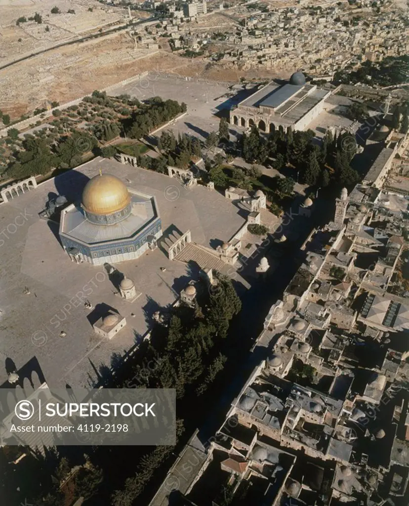 Aerial photograph of the Temple mount´ the Dome of the Rock and the Al_Aksa Mosque in the old city of Jerusalem