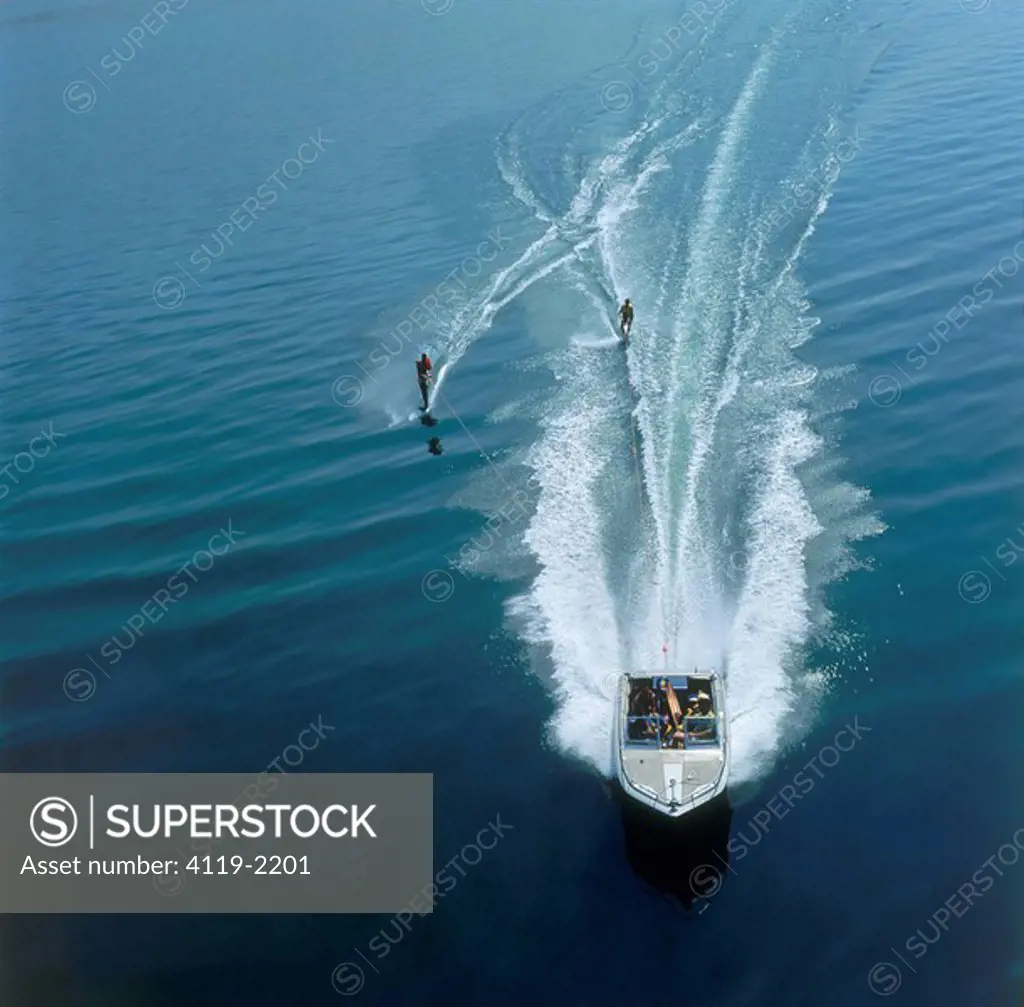 Aerial photograph of water skiing in the Sea of Galilee