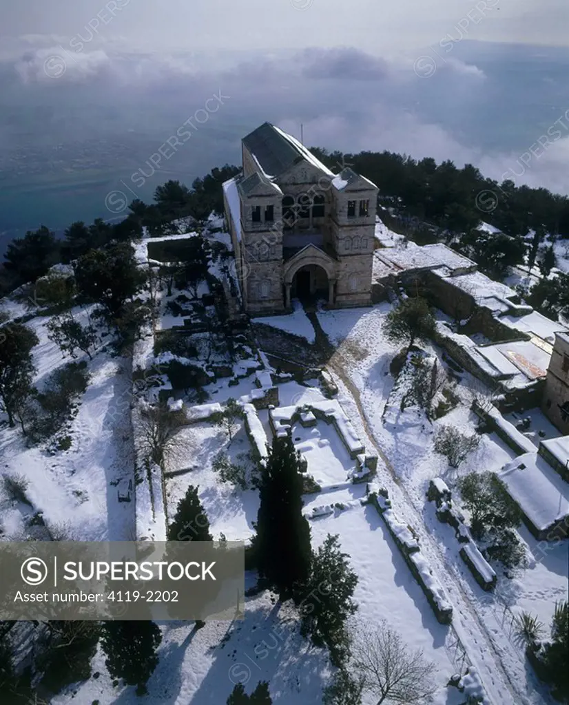 Aerial photograph of the Transfiguration Church on mount Tavor in the Lower Galilee at winter