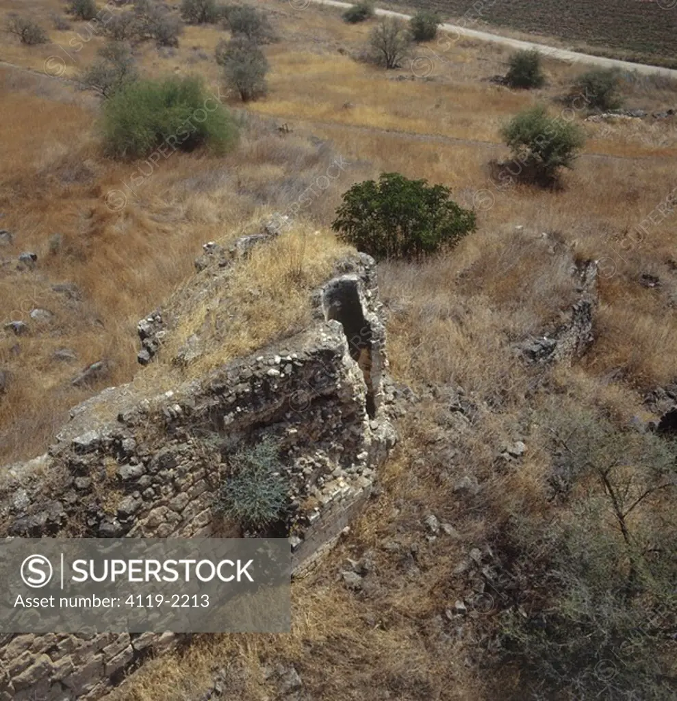 Aerial photograph of an ancient wall near the modern village of Rosh Pina in the Upper Galilee