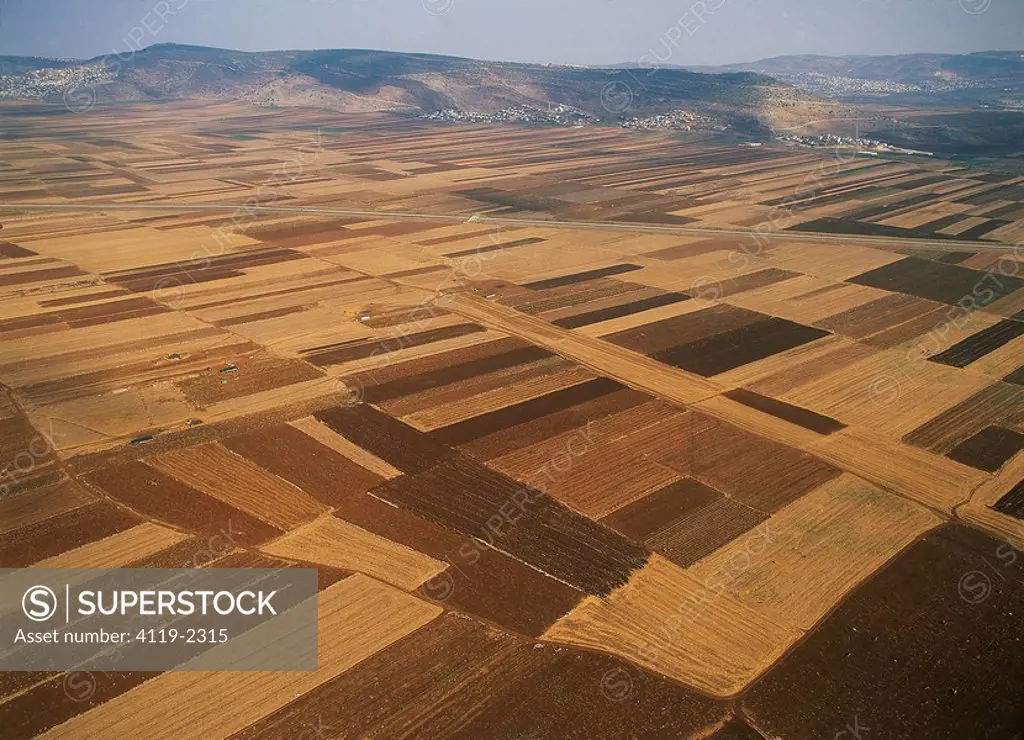 Aerial photograph of the plowed fields of the valley of Beit Netofa in the Lower Galilee