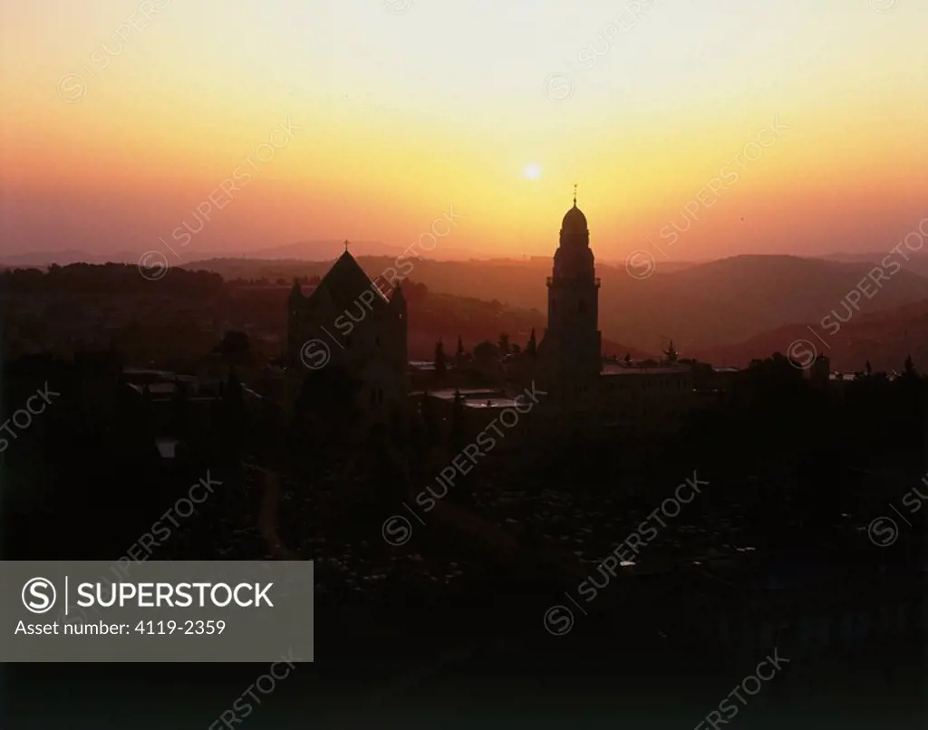 Aerial photograph of the Dormition abbey at sunrise