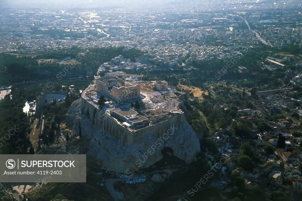 Aerial photograph of the Acropolis in the modern city of Athens Greece