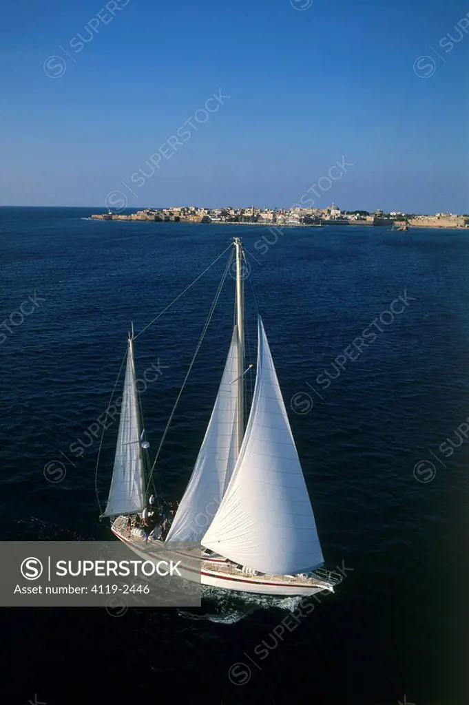 Aerial photograph of a sailing boat in the Mediterranean sea