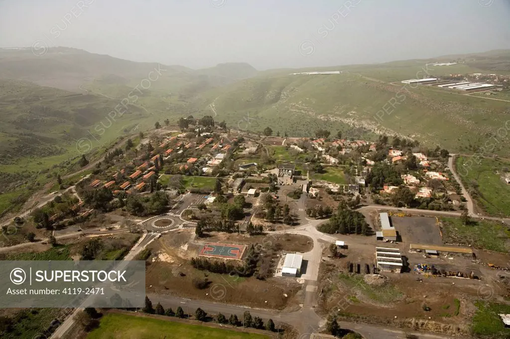 Aerial photograph of Kibutz Afik in the southern Golan Heights