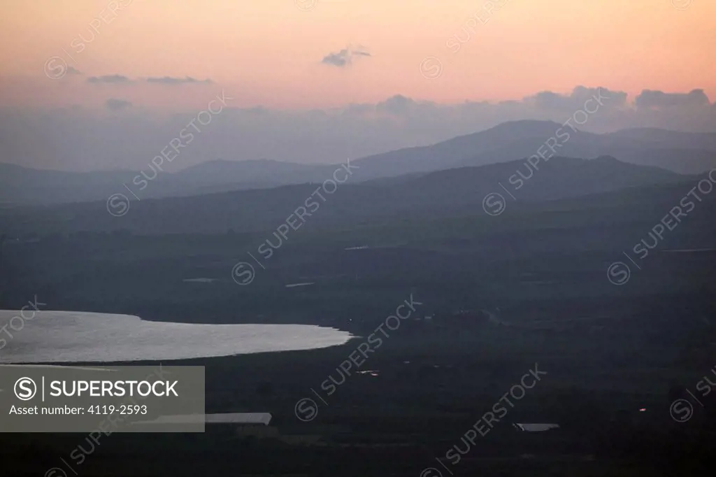 Photograph of the northern basin of the Sea of Galilee after sunset