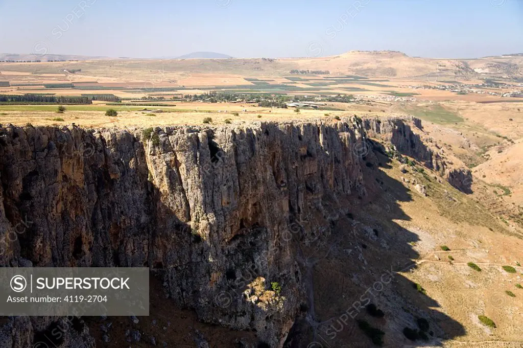 Aerial photograph of the Arbel cliff in the sea of Galilee