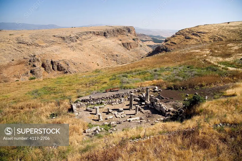 Aerial photograph of an ancient synagogue of Arbel in the Sea of Galilee