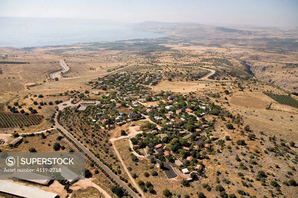 Aerial photograph of the village of Kahal in the sea of Galilee