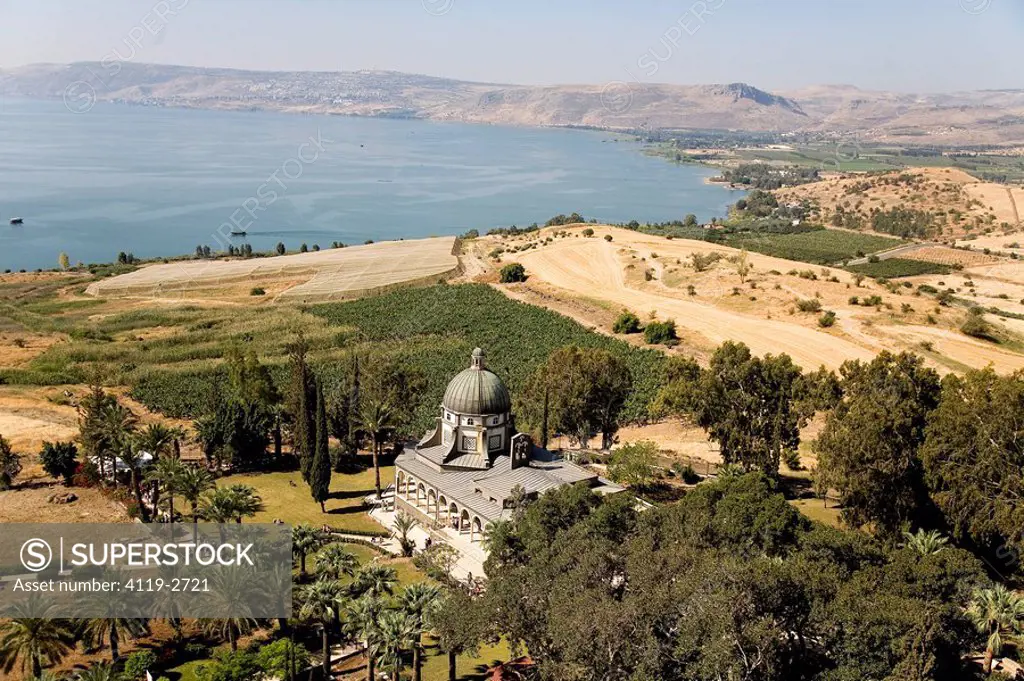 Aerial photograph of the church of beatitudes in the Sea of Galilee