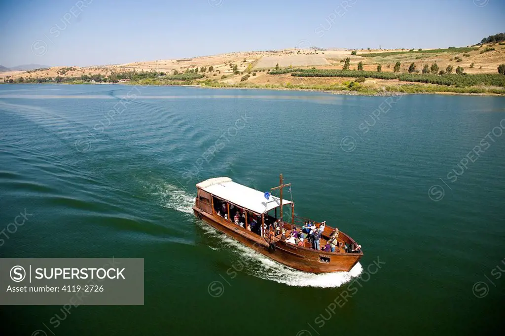 Aerial photograph of the Jesus boat sailing in the Sea of Galilee