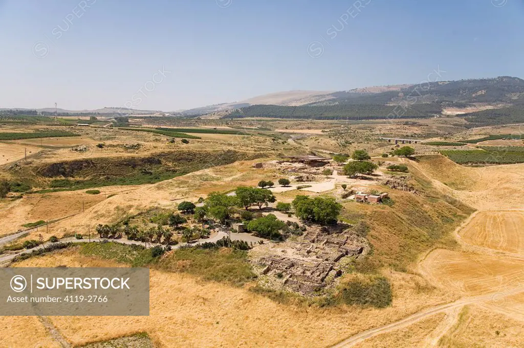 Aerial photograph of the ruins of Tel Hazor in the Upper Galilee