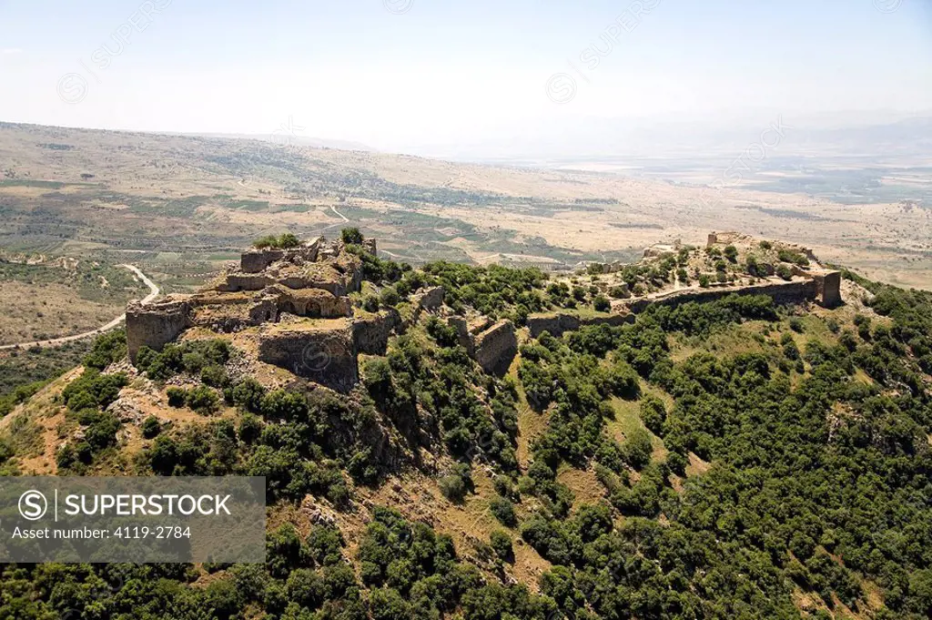 Aerial photograph of the ruins of the fortress of Nimrod in the Northern Golan Heights
