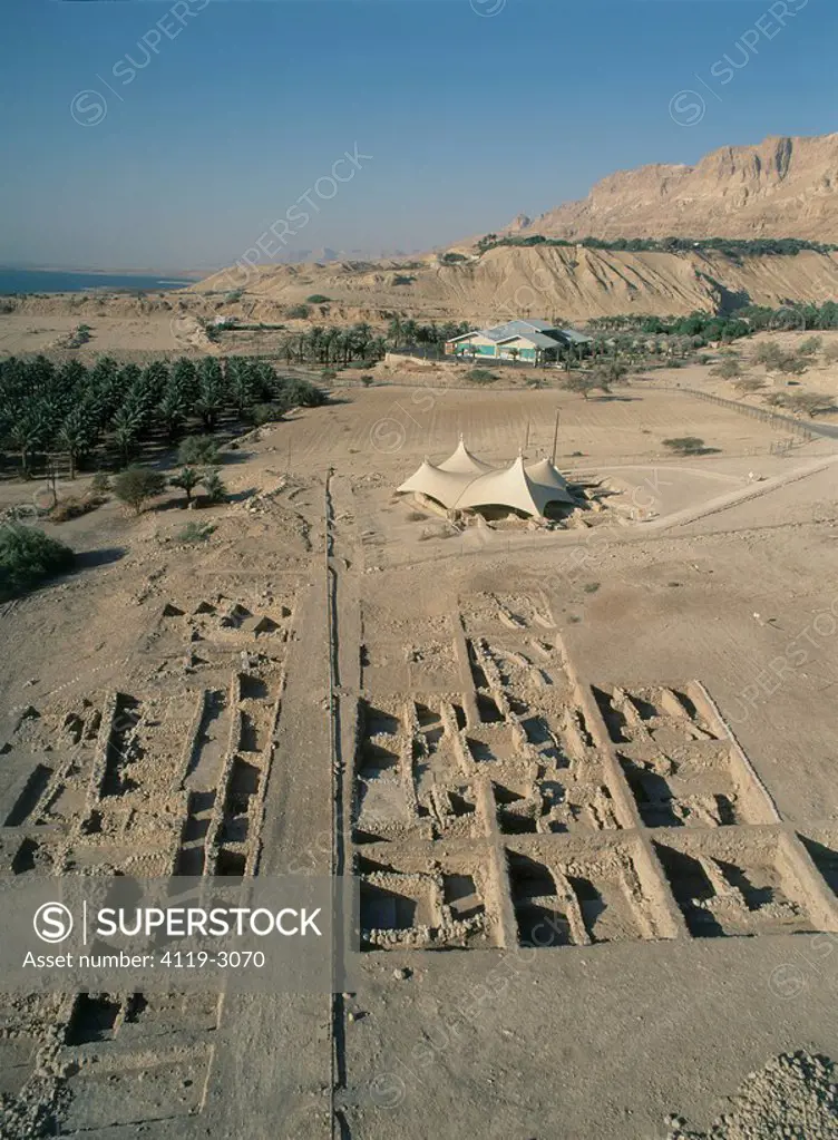 Aerial photograph of the ancient synagogue of En Gedi in the Judean Desert near the Dead sea