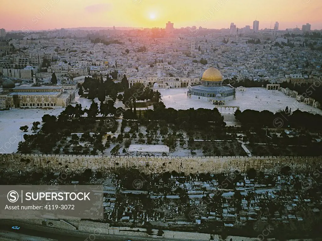 Aerial photograph of the Dome of the rock in the old city of Jerusalem at sunset