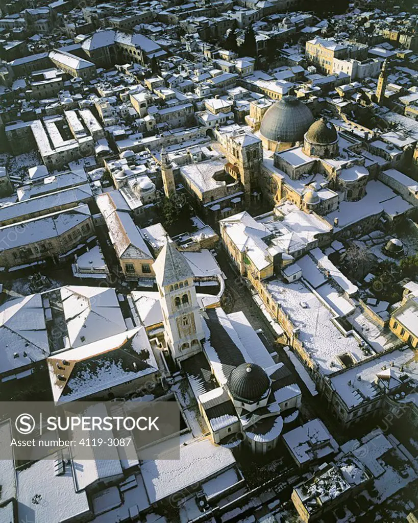 Aerial photograph of the Church of the Holy Sepulcher in the old city of Jerusalem