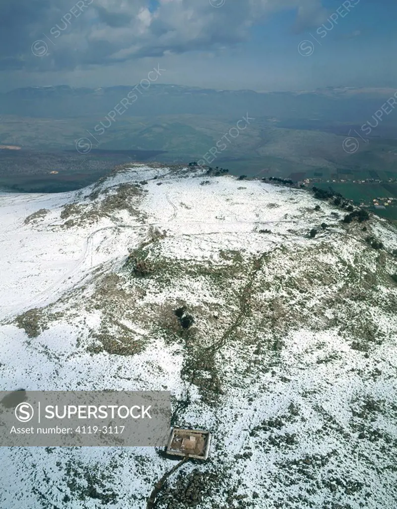 Aerial view of the battlefield at the Horn of Hattin in the Lower Galilee after a snow storm