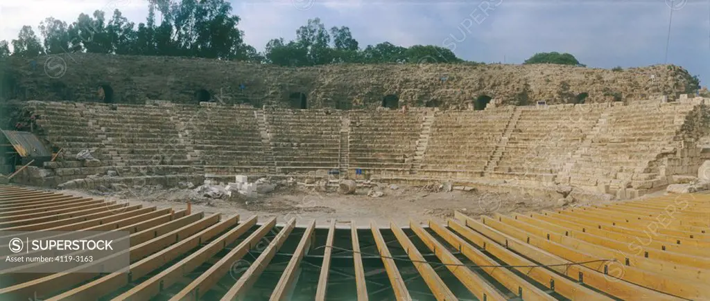Panoramic photograph of the Roman Amphitheater in the ruins of Bet Shean