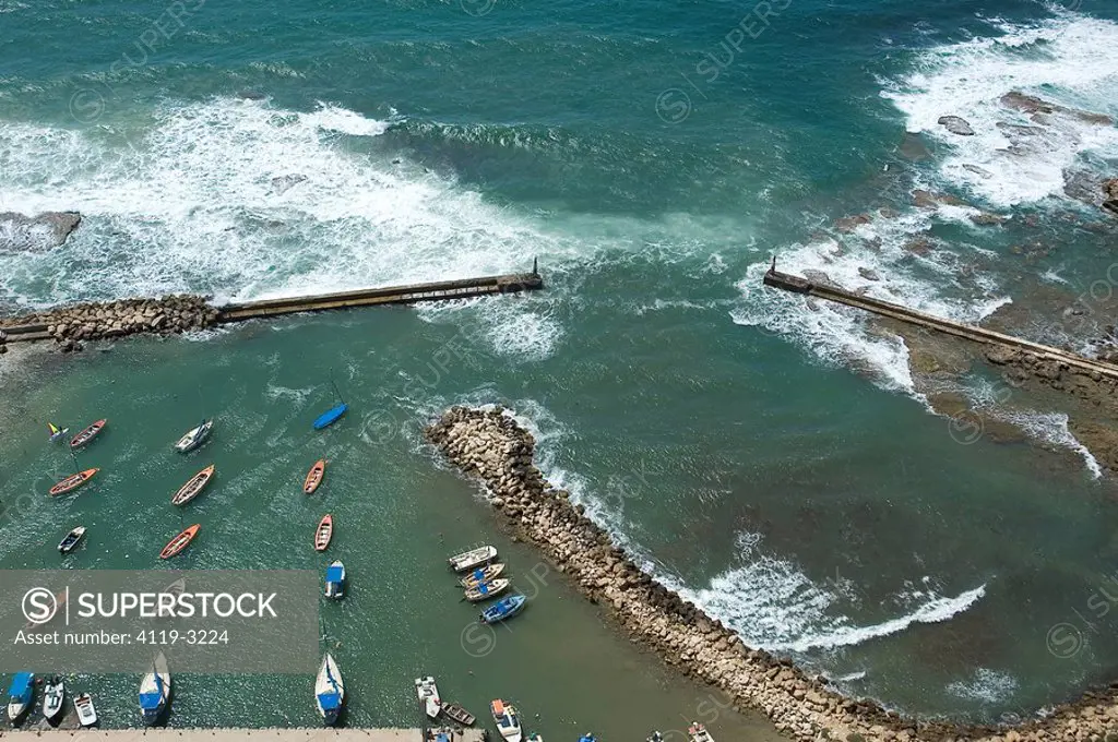 Aerial photograph of a small harbor in the coast of Caesarea