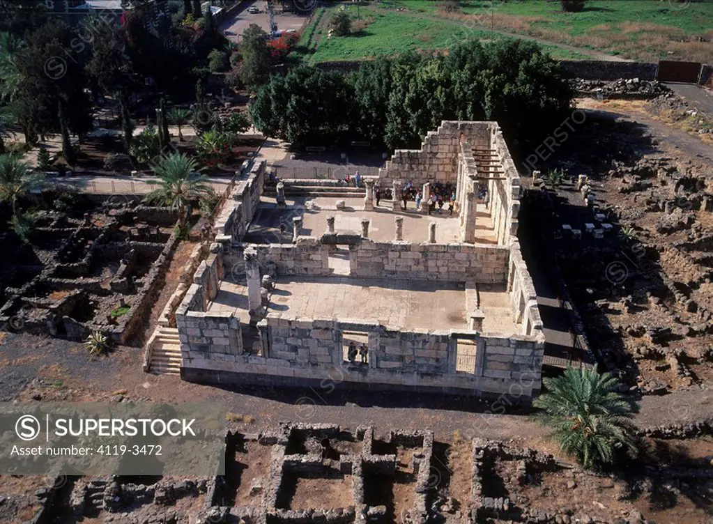 Aerial photograph of the ancient synagogue of Capernaum in the Sea of Galilee
