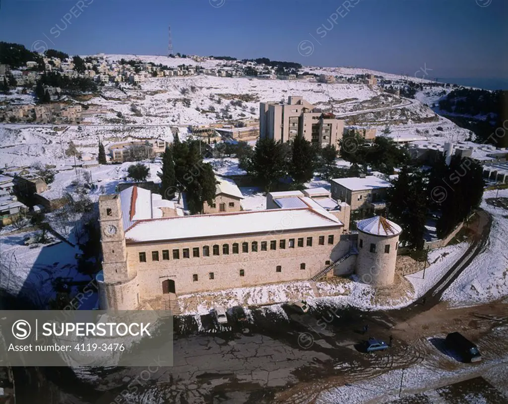 Aerial photograph of the old city of Zefat in thr Upper Galilee after snow storm