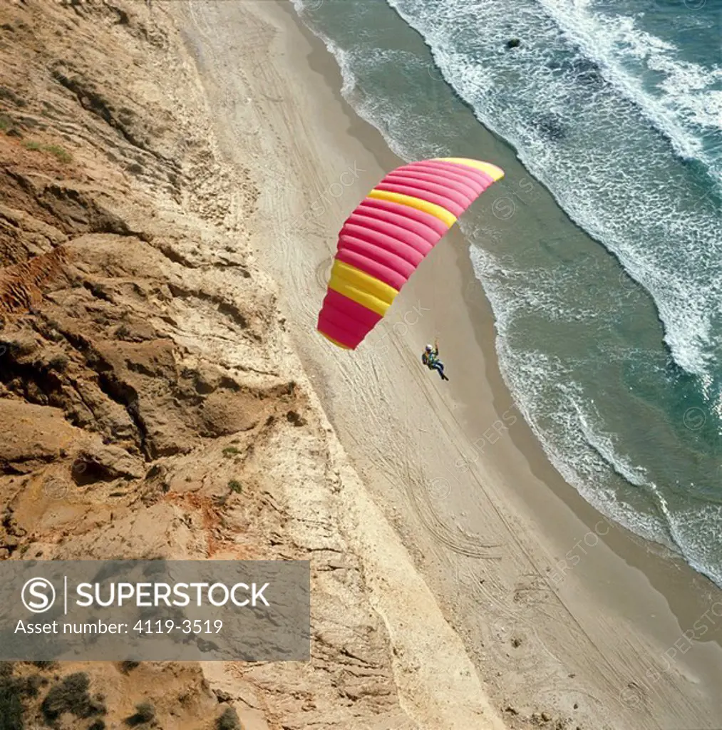 Aerial photograph of free fall parachute flying over the beach of Ga´ash in the Coastal plain